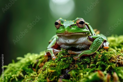 Tree frog sitting on moss. © Lubos Chlubny
