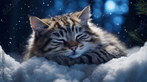 Beautiful cute smiling wildcat sleeping in a snow
