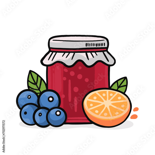 Set and set of fruit jam. Delicious jam in jars. Different flavors of jam: strawberry, kiwi, orange, grapes, blueberry, cherry, raspberry.