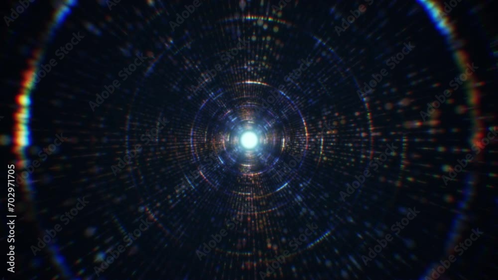 Abstract digital tunnel into virtual space consisting of a bright stream of particles
