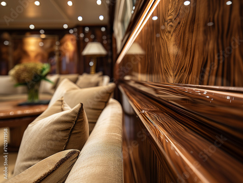 Luxuoso interior de iate com detalhes em madeira nobre photo