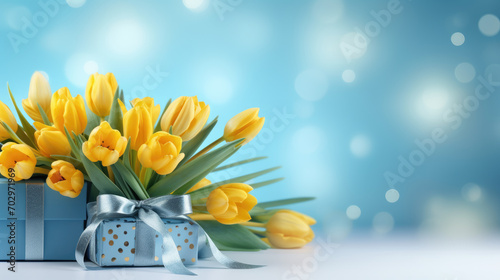 Bright yellow tulips and elegantly wrapped gifts adorned with blue and golden ribbons against a soft blue background with light bokeh and golden glitter on the surface. #702971969