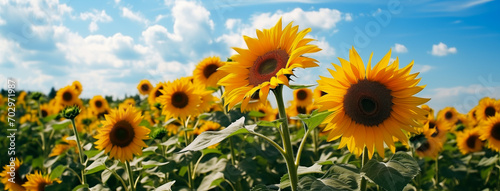 Beautiful day over sunflowers field with blue sunny sky. Floral panorama shot of ready to harvest sunflowers with yellow petals in a big field on a sunny day. Blossom banner of happy summer by Vita