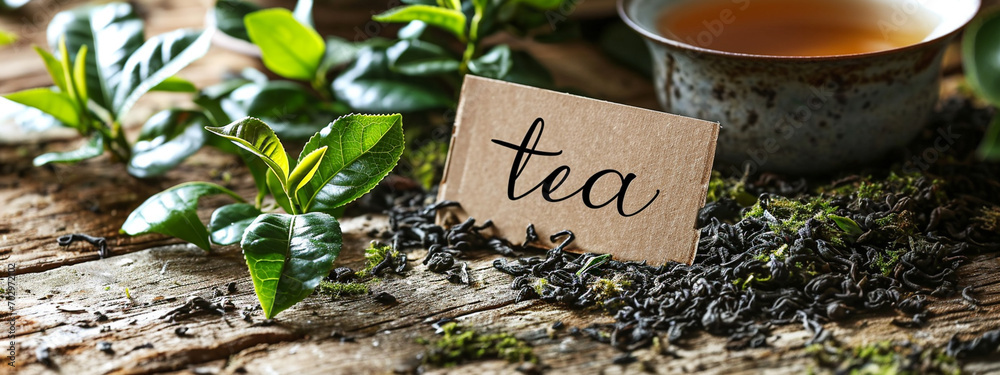 Dry tea with green leaves on a wooden background. - obrazy, fototapety, plakaty 