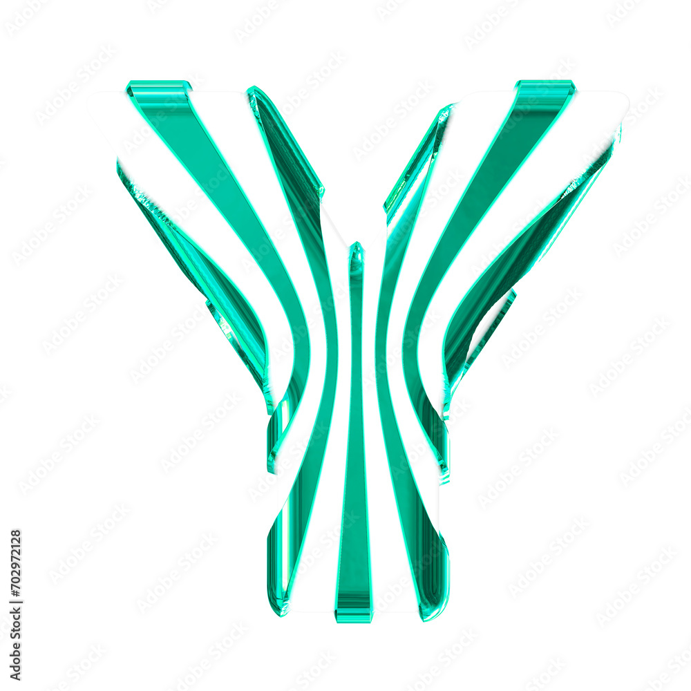 White symbol with turquoise thin vertical straps. letter y White symbol with turquoise thin vertical straps. letter y
