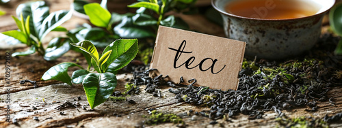 Dry tea with green leaves on a wooden background.