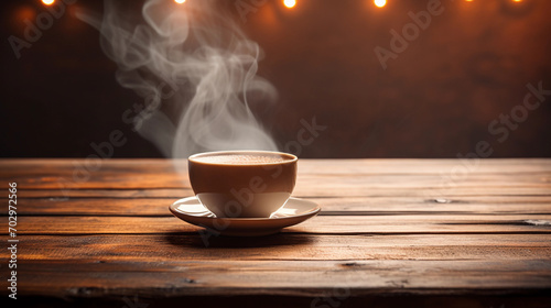 Close-Up of a Steaming Coffee Cup on Wooden Surface, Invoking Warmth and Comfort