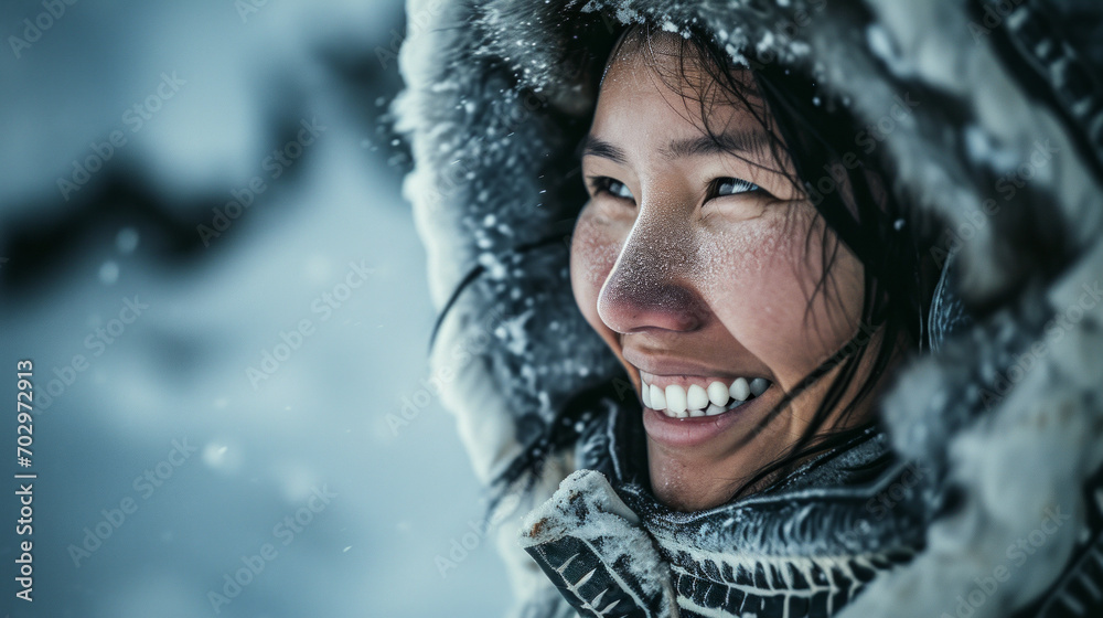 Portrait of an Inuit woman, 30 years old, with black hair and inuit sun ruff clothing - obrazy, fototapety, plakaty 