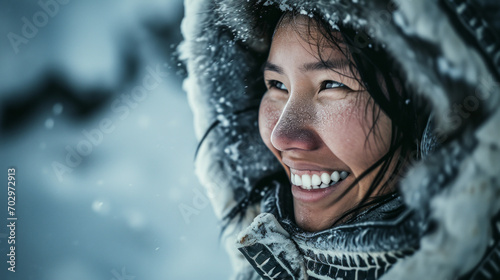Portrait of an Inuit woman, 30 years old, with black hair and inuit sun ruff clothing photo