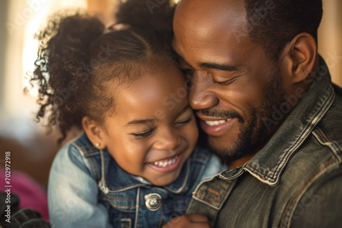 Affectionate moment between smiling black afro american father and daughter at home, showcasing a warm, loving family dynamic