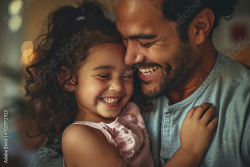 Affectionate moment between smiling hispanic father and daughter at home, showcasing a warm, loving family dynamic photo