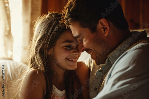 Affectionate moment between smiling caucasian father and daughter at home, showcasing a warm, loving family dynamic