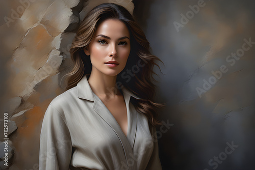 Closeup portrait in oil painting style woman donned in linen jumpsuit with earthy undertones textures. AI generated.