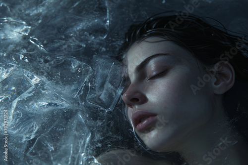 Beautiful mysterious young woman sleeping in frozen water photo