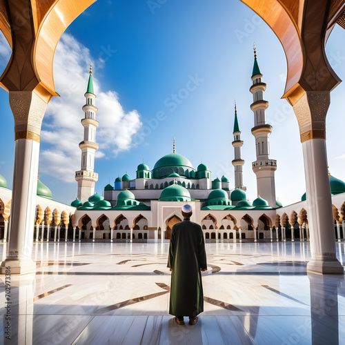 Muslim imam looking at beautiful mosque. Islam religion concept.