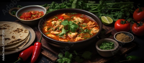 Spicy broth with chicken and tortillas.