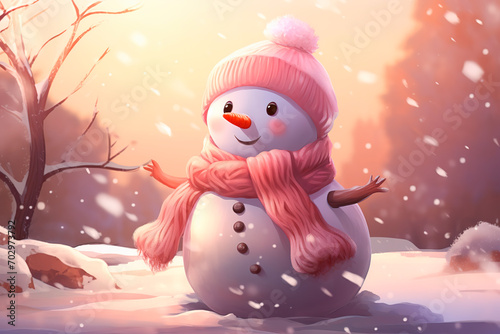 A snowman wearing a pink scarf sits on the snow. Generative AI