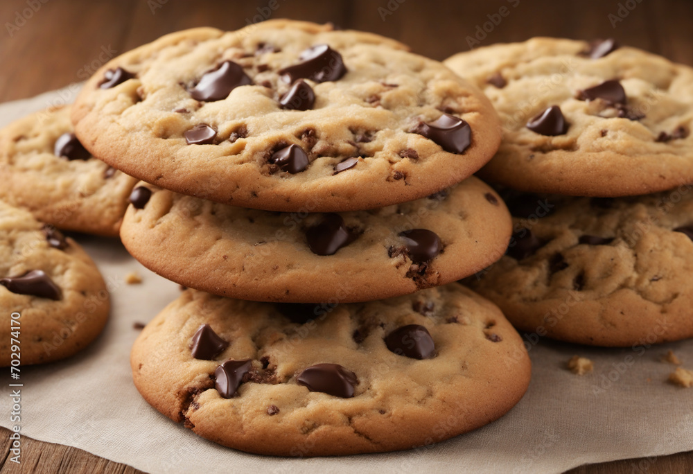 Delicious chocolate chip cookies on a rustic plate