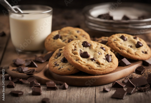 Delicious chocolate chip cookies on a rustic plate
