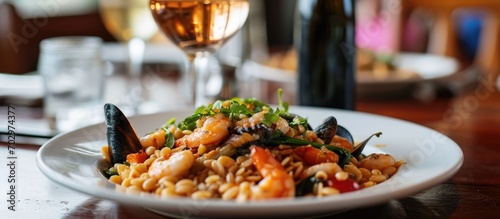 Seafood fregola pasta served on a white plate, accompanied by a glass of rose wine.