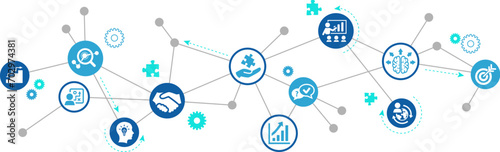 Consulting vector illustration. Concept with icons related to advice & support, consultant & adviser, professional assistance for decision-making / negotiation / audit, analysis & consultation.