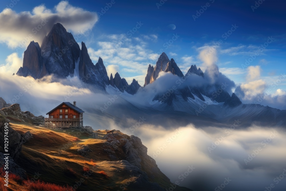 Fantastic panoramic view of the majestic Dolomites. Location place Cortina dAmpezzo, Veneto, Italy, Europe. Artistic style post processed photo. Beauty world, Mountains in fog, AI Generated