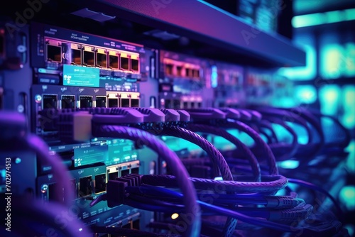 Network switch and ethernet cables in data center. 3d rendering, Network cables connected to switches, Ethernet router in a data center, Digital information transmission equipment, AI Generated photo