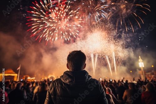 Crowd watching fireworks in the night sky. New Year's Eve, New Years Eve fireworks crowd rear view celebratin, AI Generated