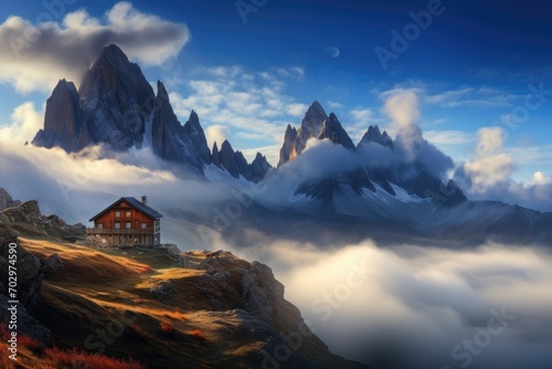 Fantastic panoramic view of the majestic Dolomites. Location place Cortina dAmpezzo, Veneto, Italy, Europe. Artistic style post processed photo. Beauty world, Mountains in fog, AI Generated photo