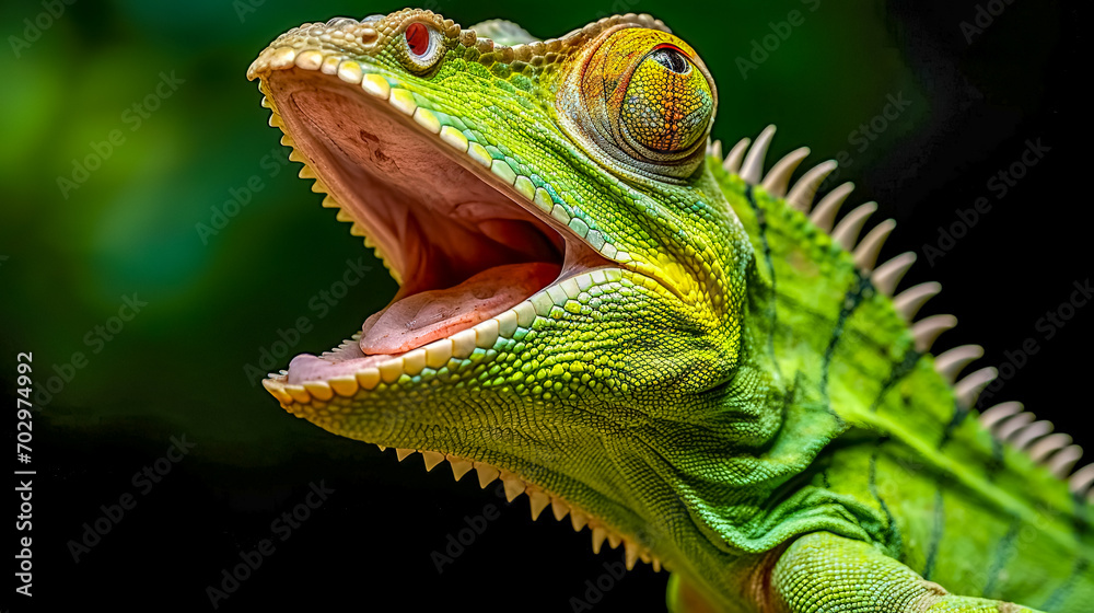 Obraz premium chameleon with its mouth open, displaying a vibrant array of green scales, sharp teeth, and a textured pink interior of the mouth, against a blurred green background.
