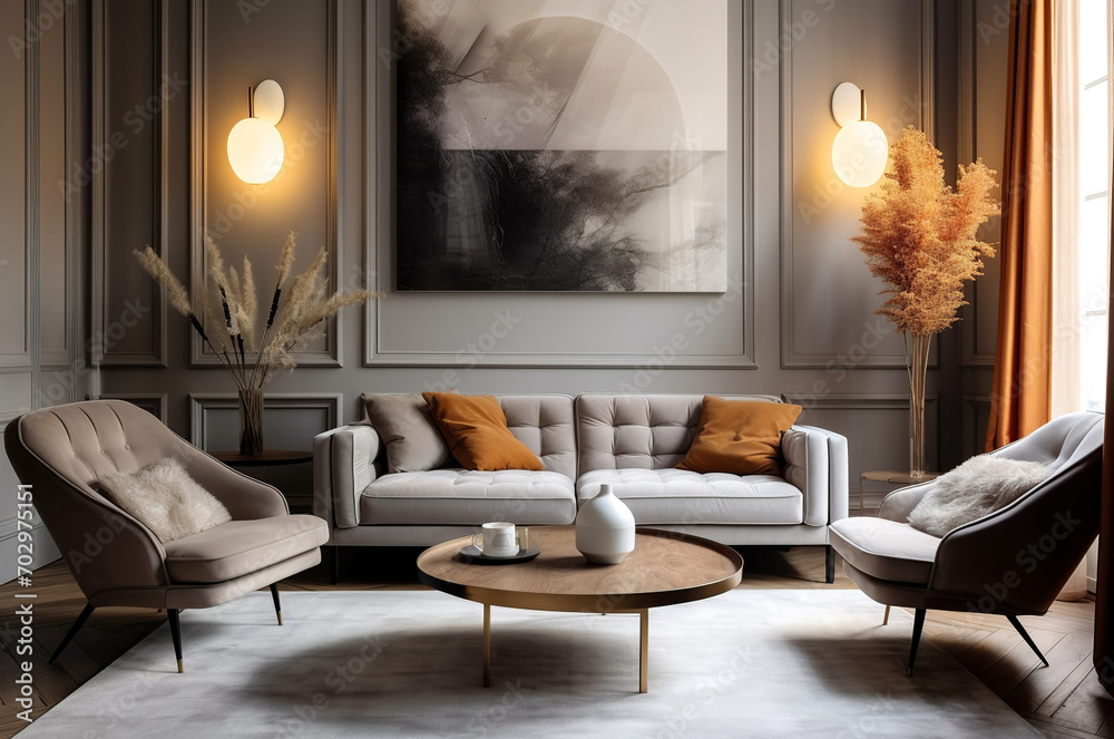 Scandinavian home interior design of modern living room. Grey sofa and armchair against classic paneling wall with posters, Generative AI