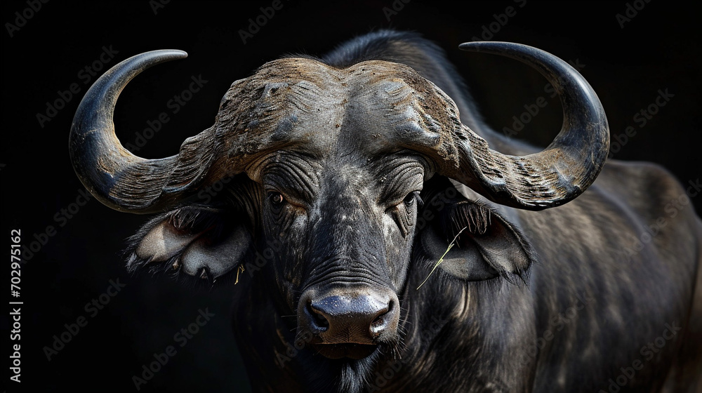 Naklejka premium Buffalo, portrait, African shroud, wild animals of Africa, beautiful nature of Africa. Big Five.