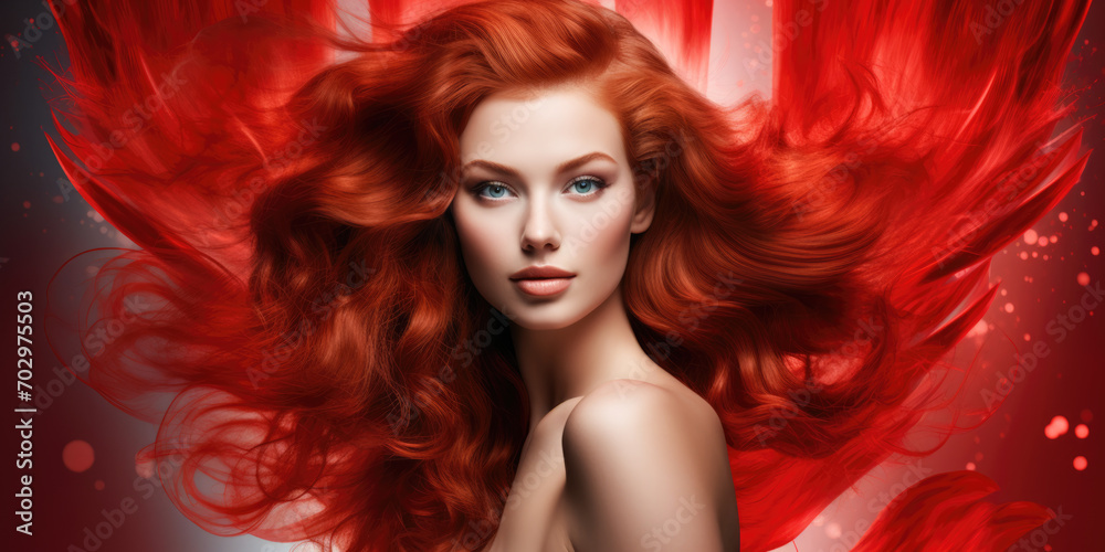 banner for a hair salon featuring glossy, wavy, beautiful red hair on a young woman with long, healthy hair.