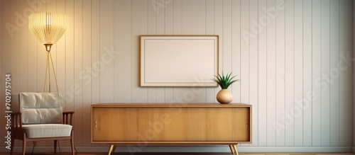 Photo of gold frame above cabinet in retro living room with lamp. Real image.