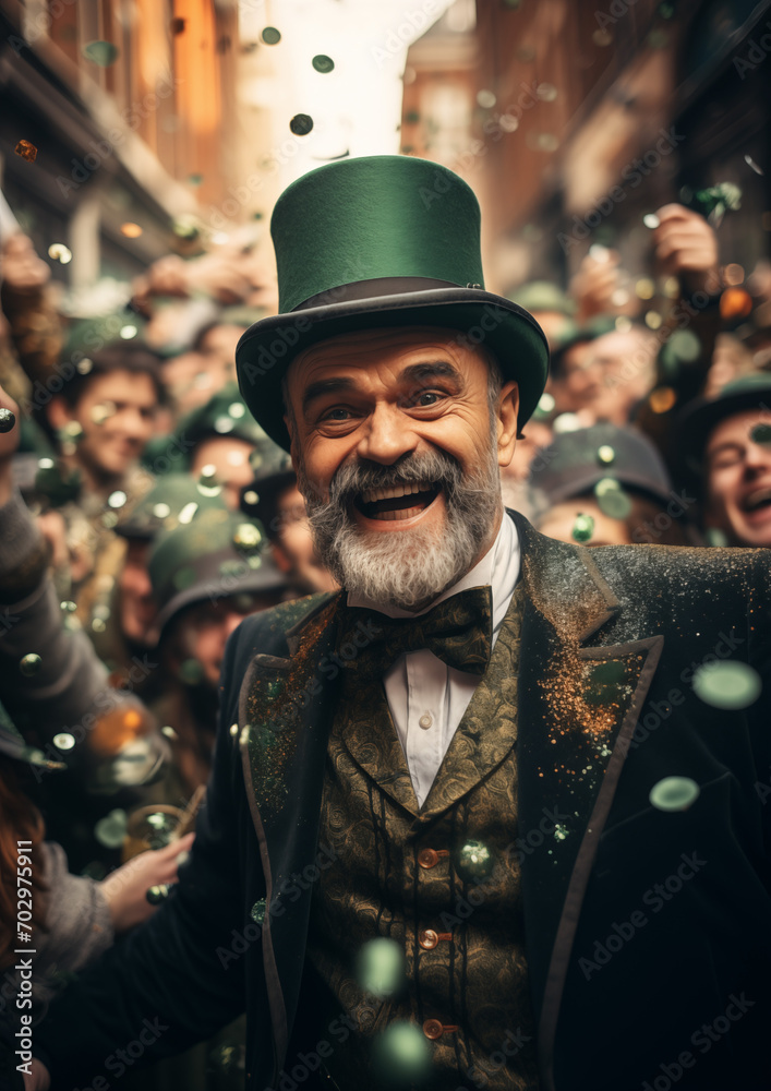 traditional Irish carnival in honor of St. Patrick's Day, people in green suits and hats on the street of Dublin traditional Irish carnival in honor of St. Patrick's Day, people in green suits and hats on the street of Dublin