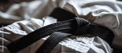 Black belt on white karate uniform. photo