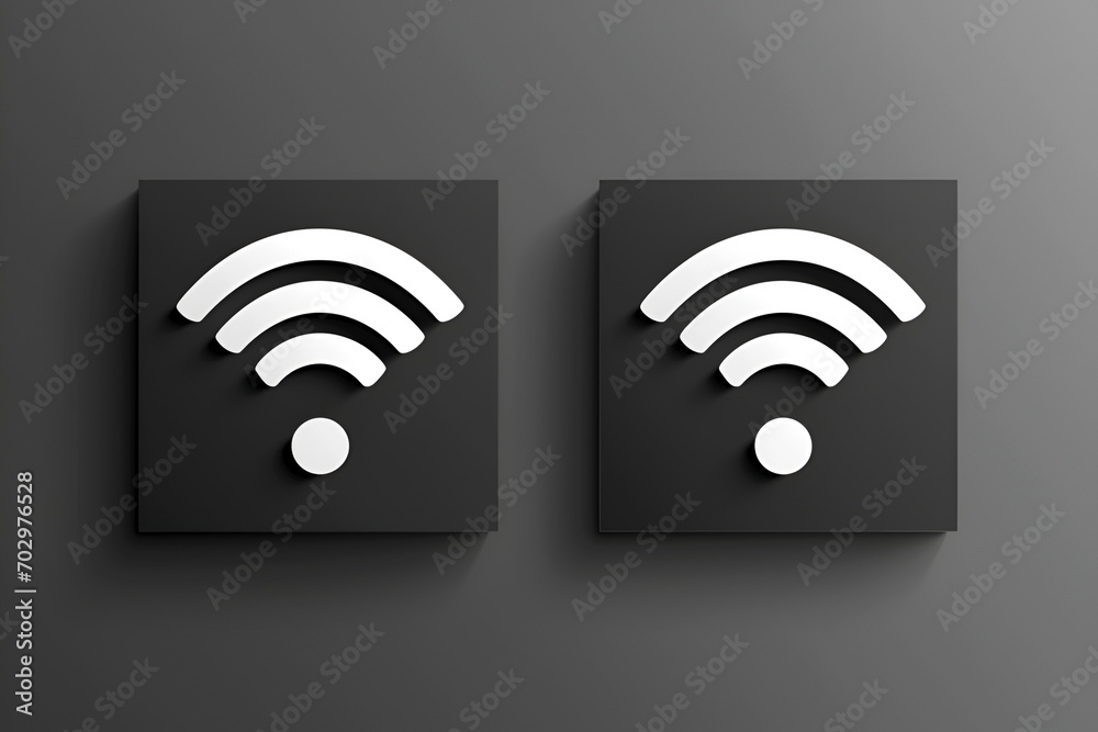 Twin black matte Wi-Fi icons, grey background. Minimalistic monochromatic wi-fi icons. Wireless internet access signs in black and white, 2D illustration. Paired wireless symbols. Double network signs Twin black matte Wi-Fi icons, grey background. Minimalistic monochromatic wi-fi icons. Wireless internet access signs in black and white, 2D illustration. Paired wireless symbols. Double network signs