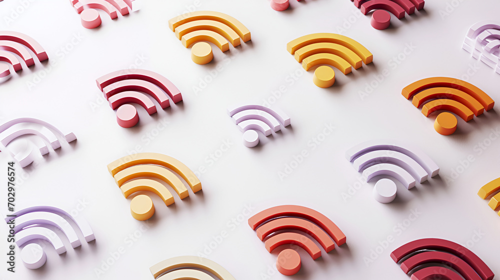 Colorful 3D Wi-Fi array, pattern in pastel colors on white background. Wi-Fi pattern, creative wireless internet connection banner. Spectrum of Wi-Fi signals in soft tones. Playful wireless icons Colorful 3D Wi-Fi array, pattern in pastel colors on white background. Wi-Fi pattern, creative wireless internet connection banner. Spectrum of Wi-Fi signals in soft tones. Playful wireless icons