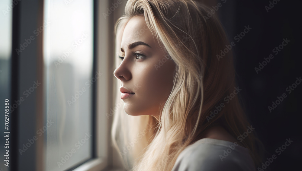 Young trapped depressed woman looking out a of a sun lit window in a warm room. Waiting for someone. Mental Health concept
