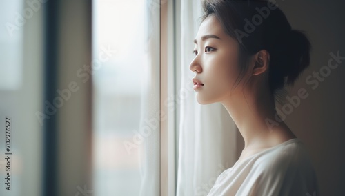 Young depressed Young Asian woman looking out a of a sun lit window in a warm room. Waiting for someone. Mental Health concept