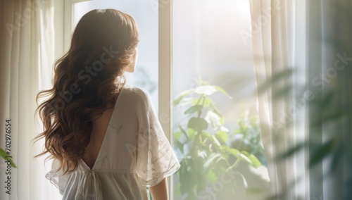 Young trapped depressed woman looking out a of a sun lit window in a warm room. Waiting for someone. Mental Health concept
