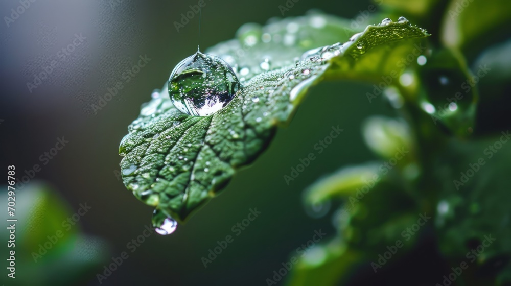 Drops of dew on a green leaf. Drops of dew on a green leaf.