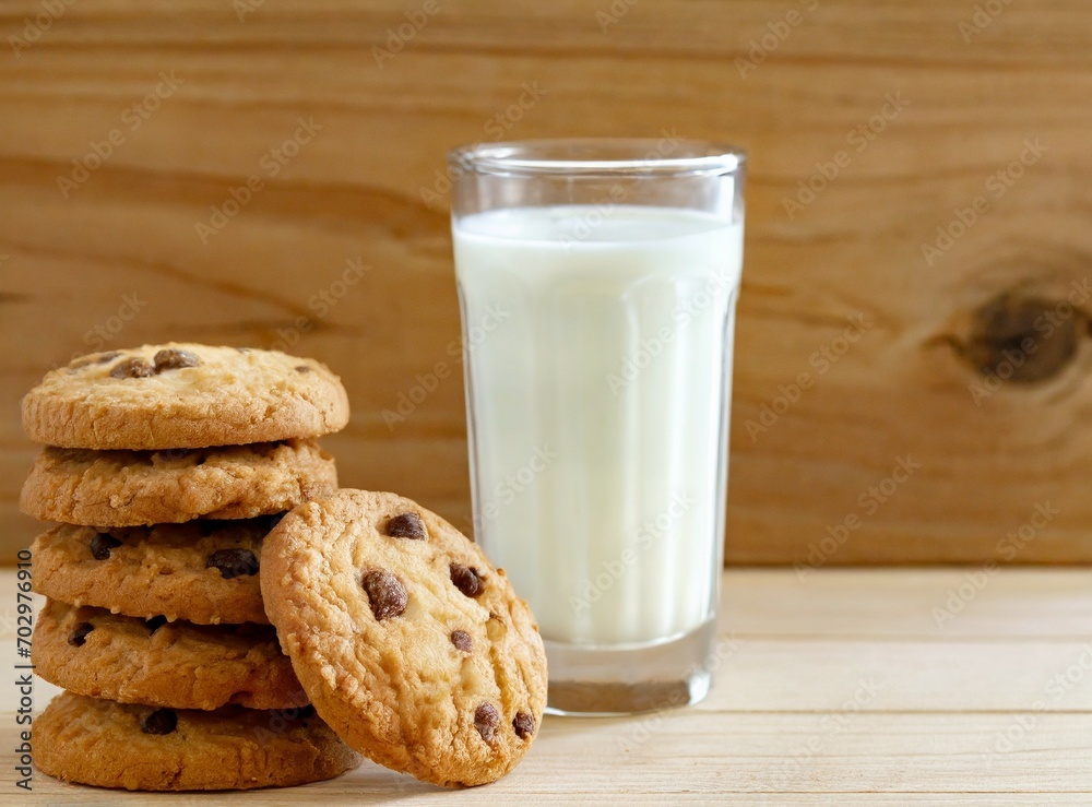 Stack of chocolate chip cookies and glass of milk on the table on brown background Stack of chocolate chip cookies and glass of milk on the table on brown background