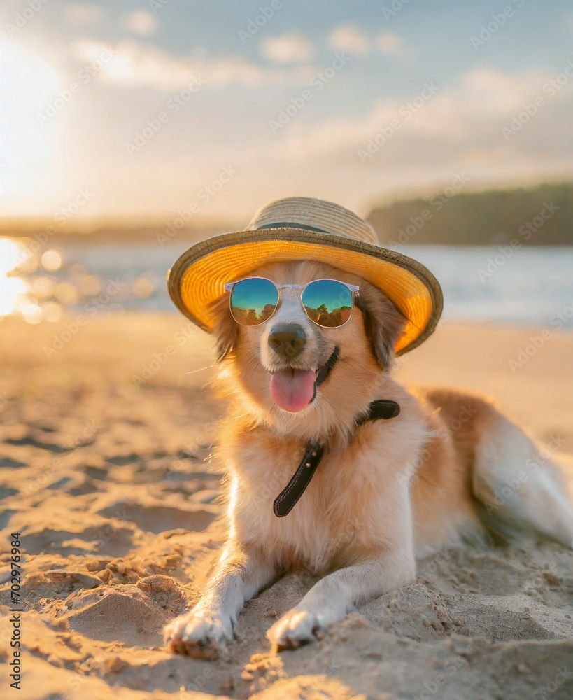 Funny dog with sunglasses and hat. Summer beach concept.