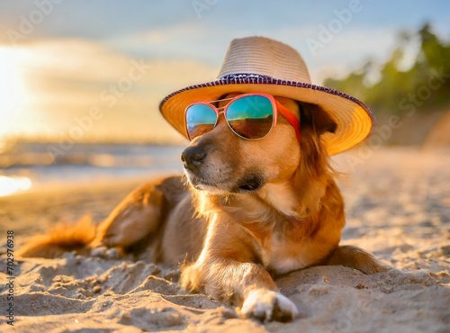 Funny dog with sunglasses and hat. Summer beach concept.