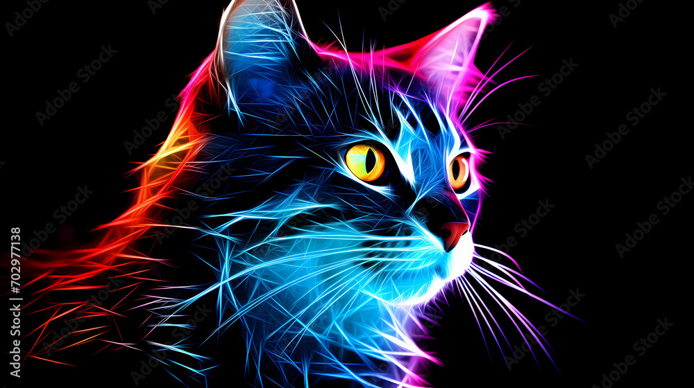 ภาพประกอบสต็อก Cat Animal Plexus Neon Black Background Digital Desktop ...