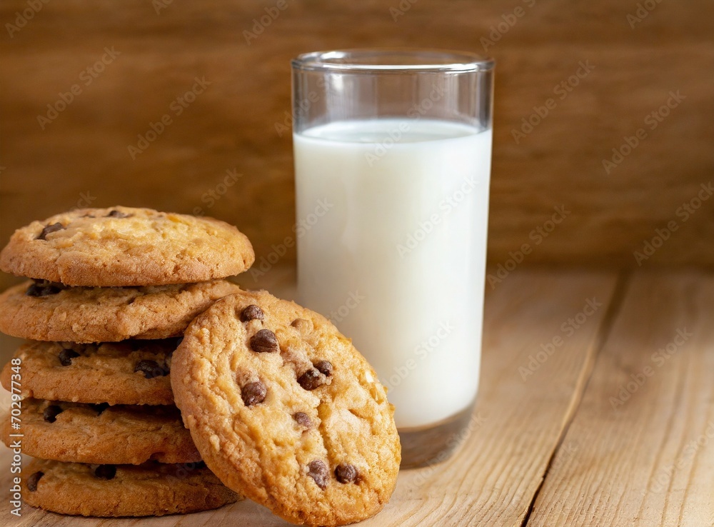 Stack of chocolate chip cookies and glass of milk on the table on brown background Stack of chocolate chip cookies and glass of milk on the table on brown background