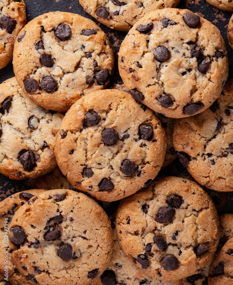 Chocolate chip cookies close up, top view. Homemade pastries background. Chocolate chip cookies close up, top view. Homemade pastries background.