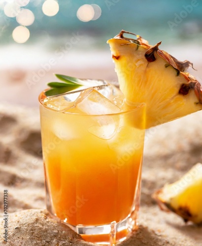 Glass of pineapple juice isolated on the sand at the beach. Summer paradise vacation travel concept.