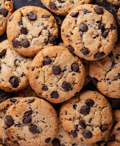 Chocolate chip cookies close up, top view. Homemade pastries background.